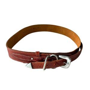 Haberdas Brown Tooled Leather Belt With Silver-Tone Buckle S/M